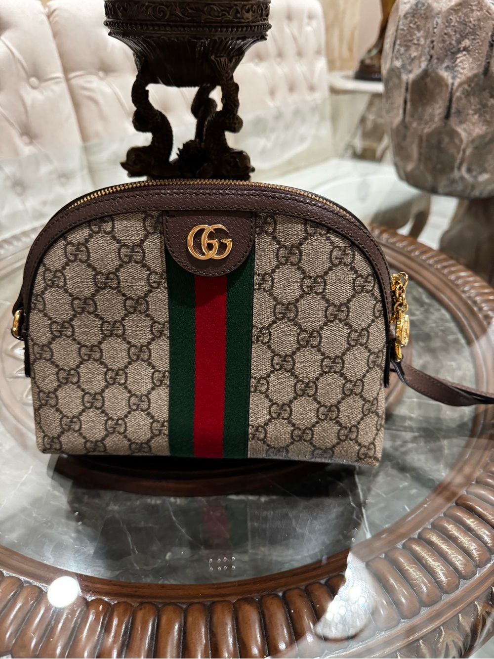 Gucci GG Supreme Crossbody Bag in Brown with Red & Green Stripe with Dust Bag